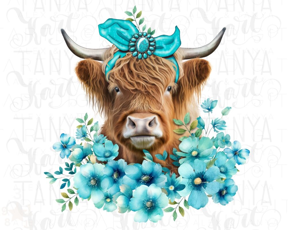 Western Highland Cow With Turquoise Flowers By Tanya Kart | TheHungryJPEG