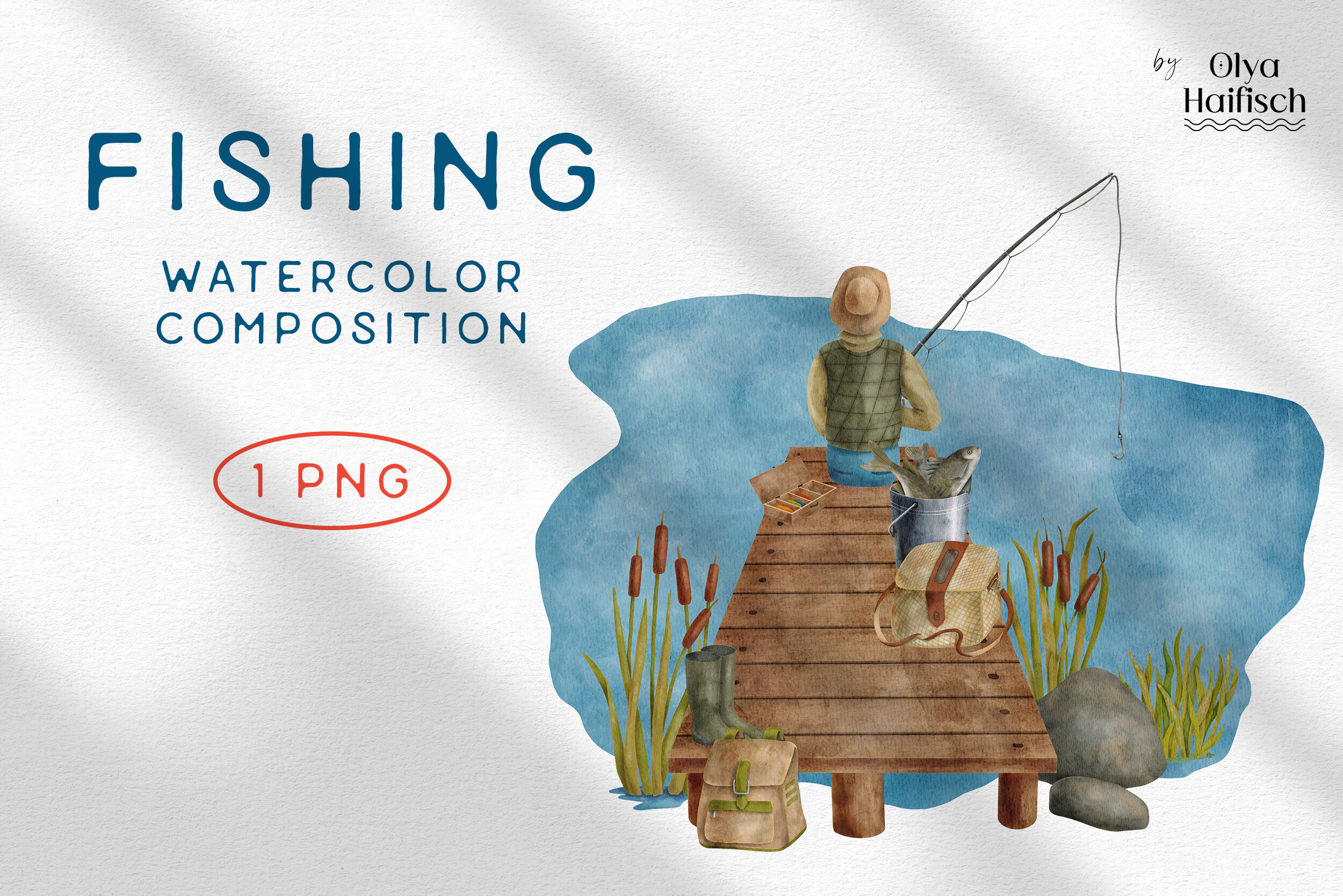 Watercolor Fisherman Clipart. Fishing on Lake Scene PNG By Olya