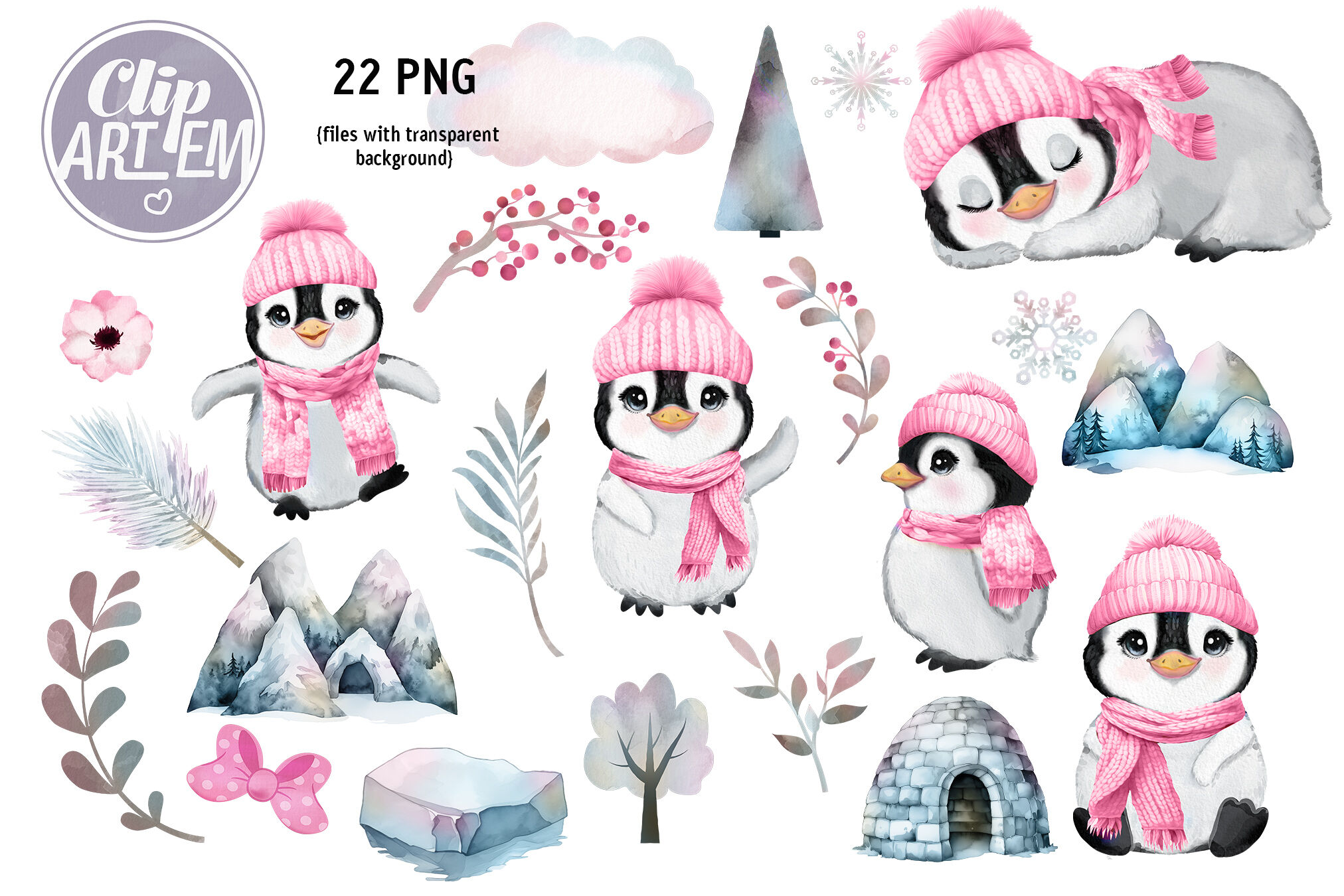 Girl Penguin in Pink Winter Hat / Scarf 22 PNG Clip Art Set