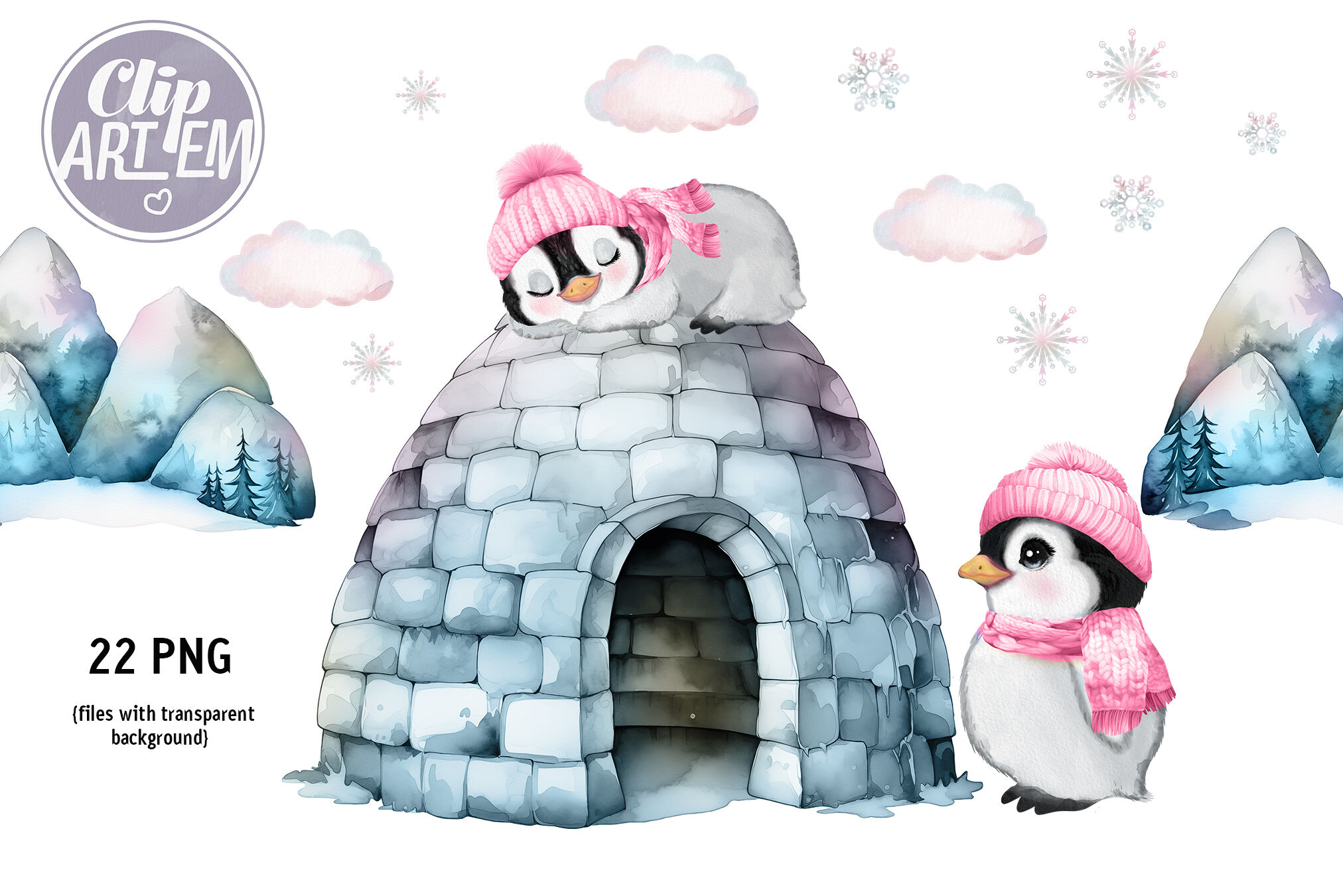Girl Penguin in Pink Winter Hat / Scarf 22 PNG Clip Art Set