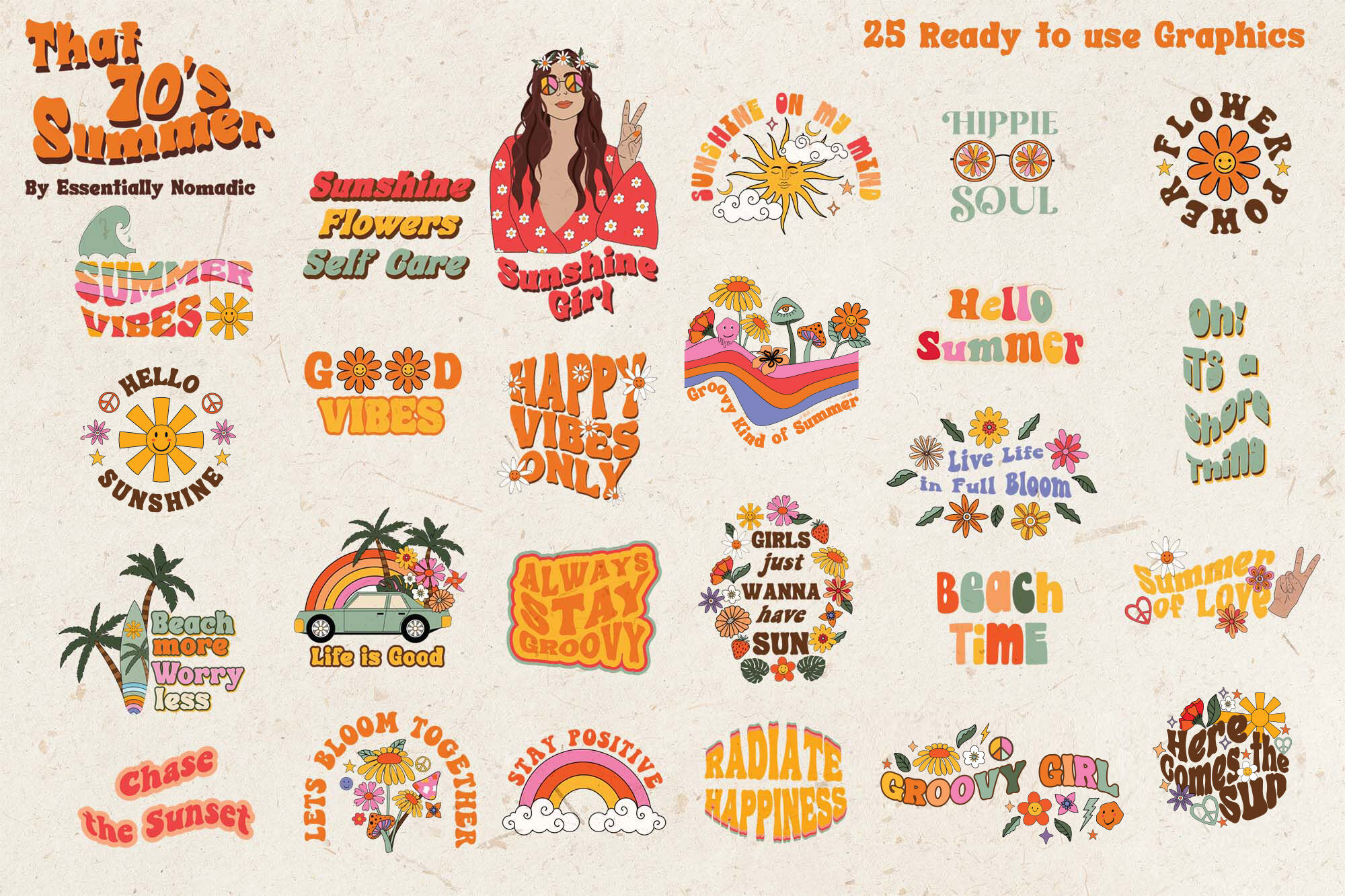 70s Retro Summer Clipart & Pattern Collection By ...