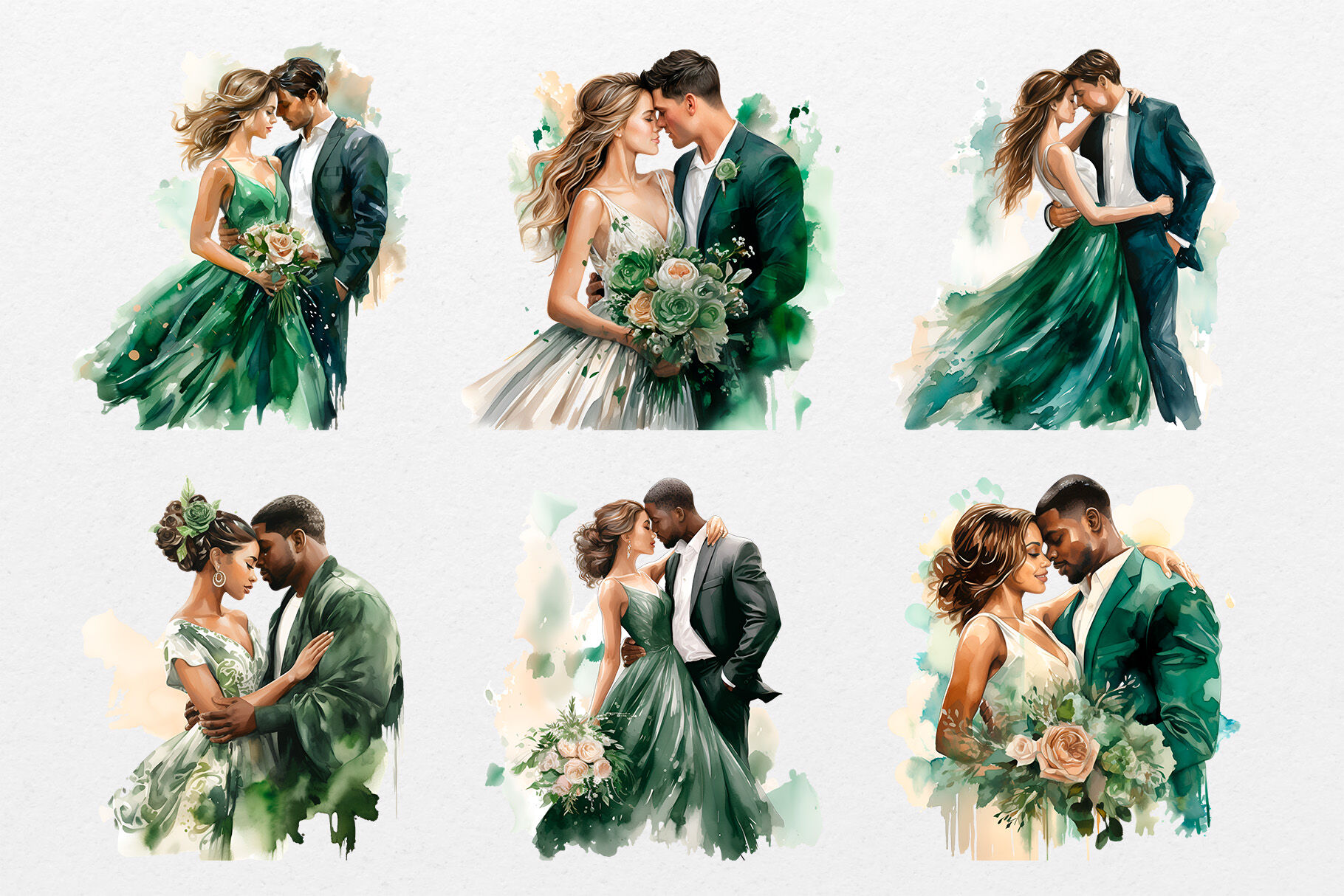 Watercolor Emerald Wedding Couples By KislinkaArt | TheHungryJPEG