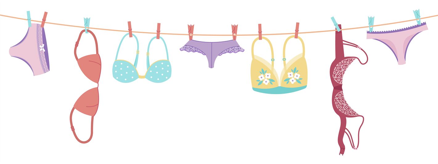 Female panties and bra hanging on rope. Lingerie on clothesline, isola By  Microvector