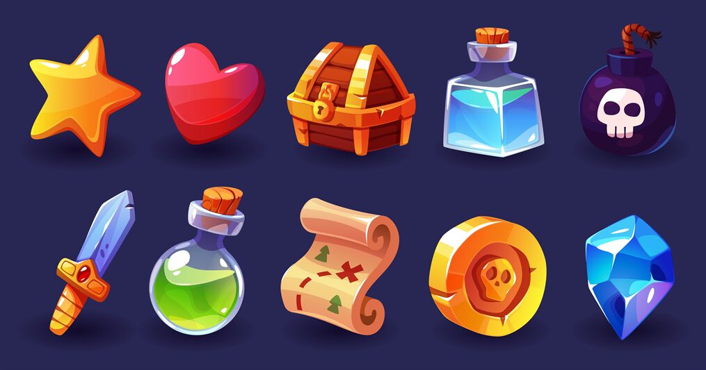 Cartoon game icons. Inventory items for gui of rpg, mobile app element ...