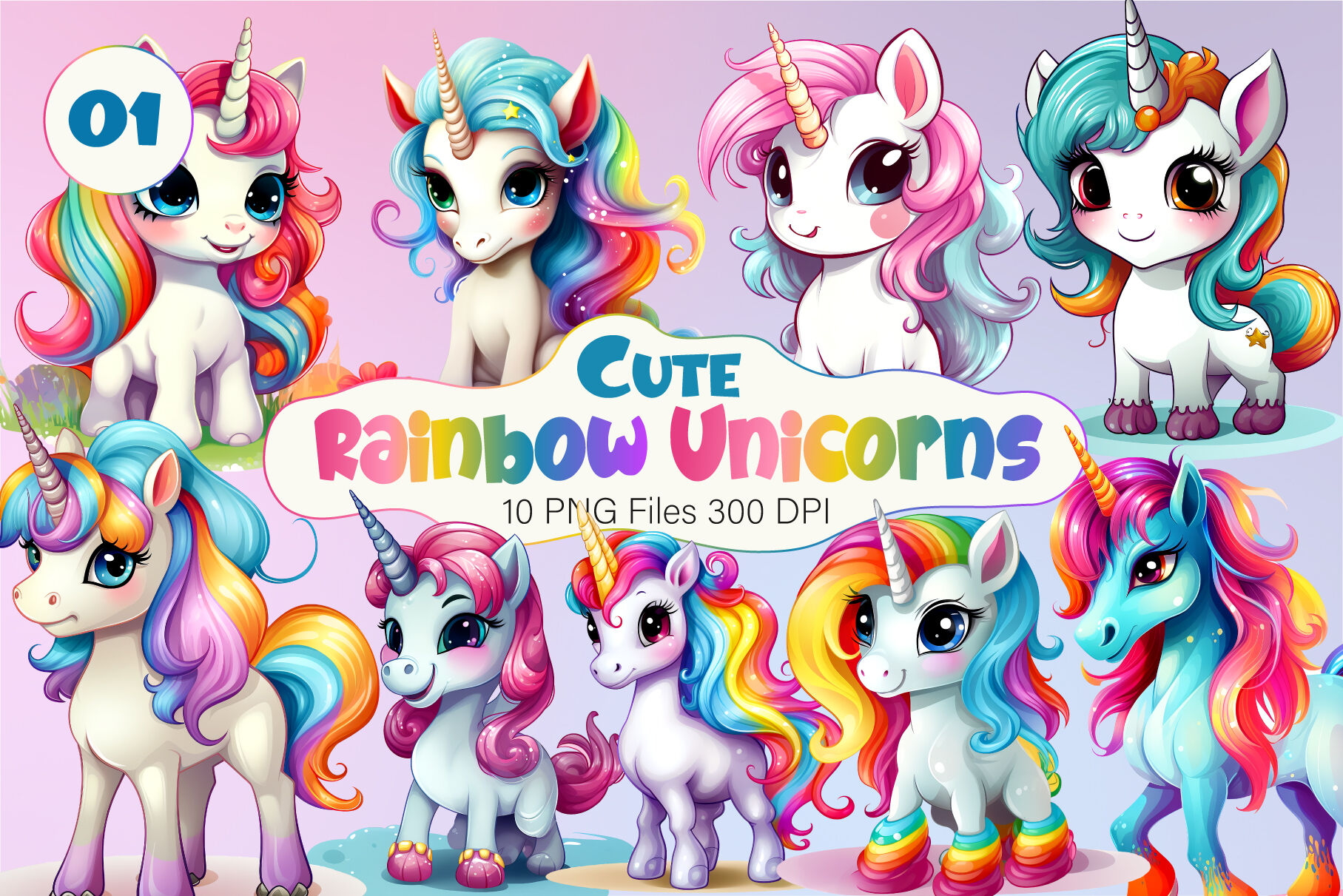 Cute rainbow unicorns 01. PNG Bundle. By Keno shop | TheHungryJPEG