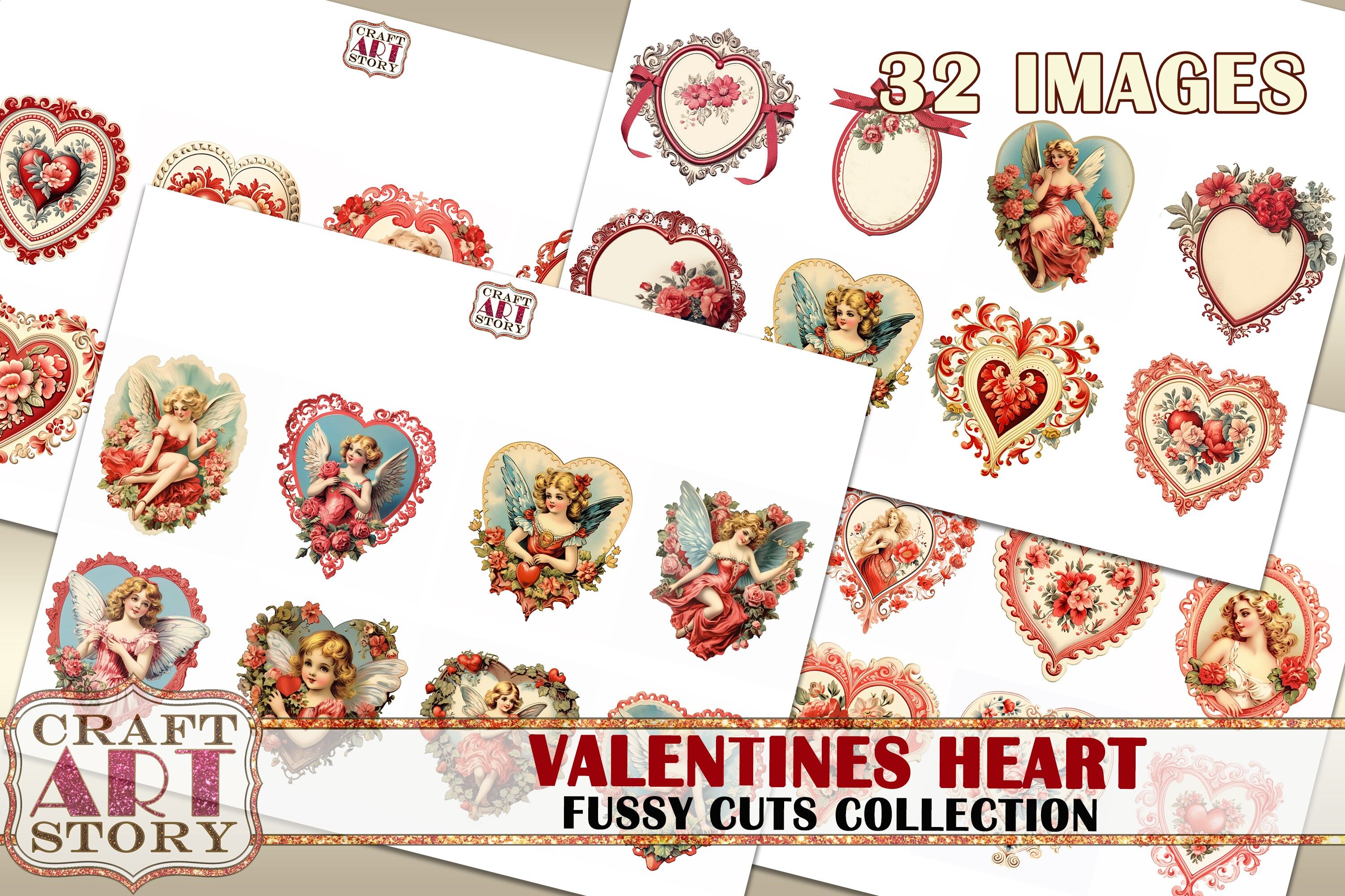 Valentine stickers set, fussy cuts heart,Valentines Ephemera By  CraftArtStory
