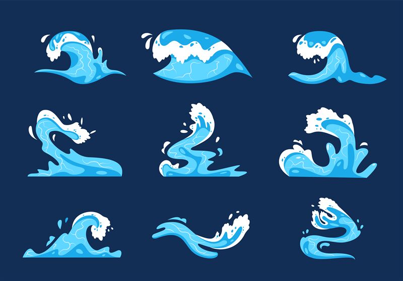 Cartoon wave splash. Ocean wave in motion, sprite sheet of curly sea w ...