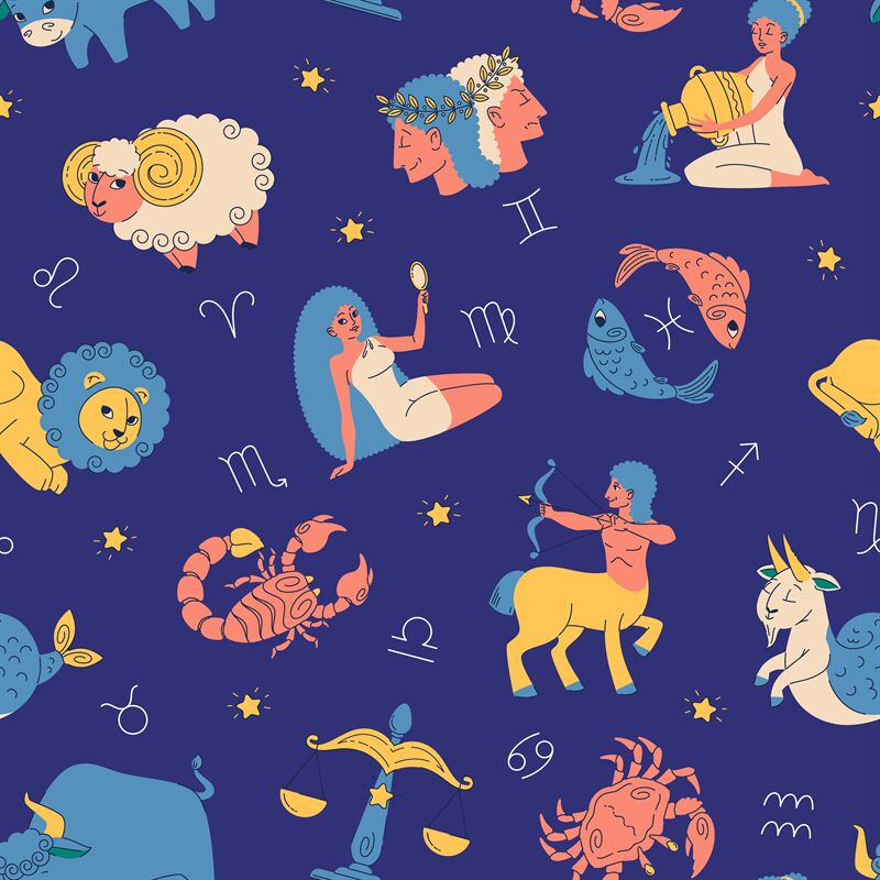 Zodiac signs seamless pattern. Night sky with astrological symbols and ...