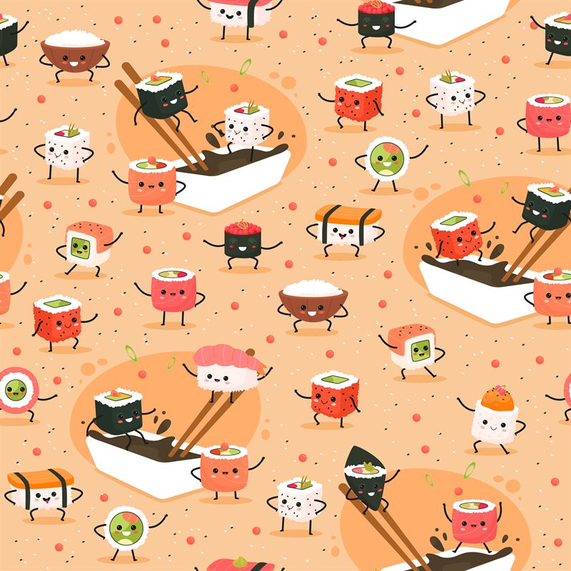 Seamless sushi pattern. Funny asian foods characters, japanese meal. D ...