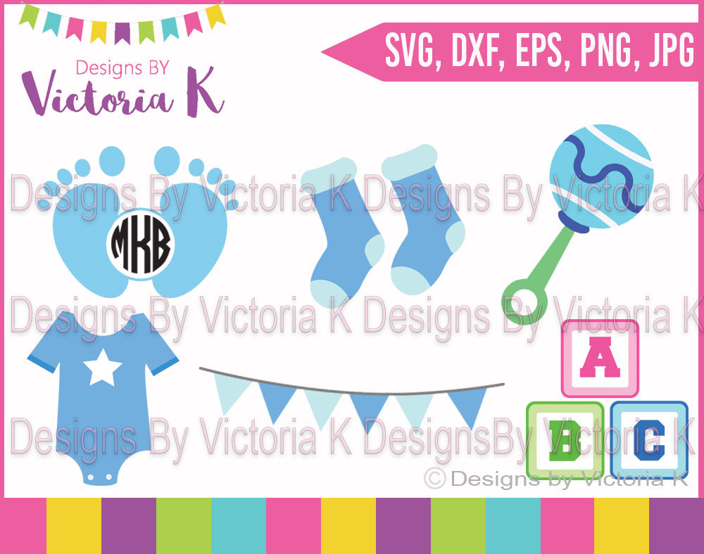 Download Baby Boy New Baby Monogram Feet Socks Rattle Vest Blocks Bunting Svg Dxf Cricut Silhouette Cut Files By Designs By Victoria K Thehungryjpeg Com