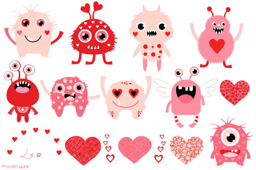 Valentine clipart, Valentine monsters clipart, Cute pink