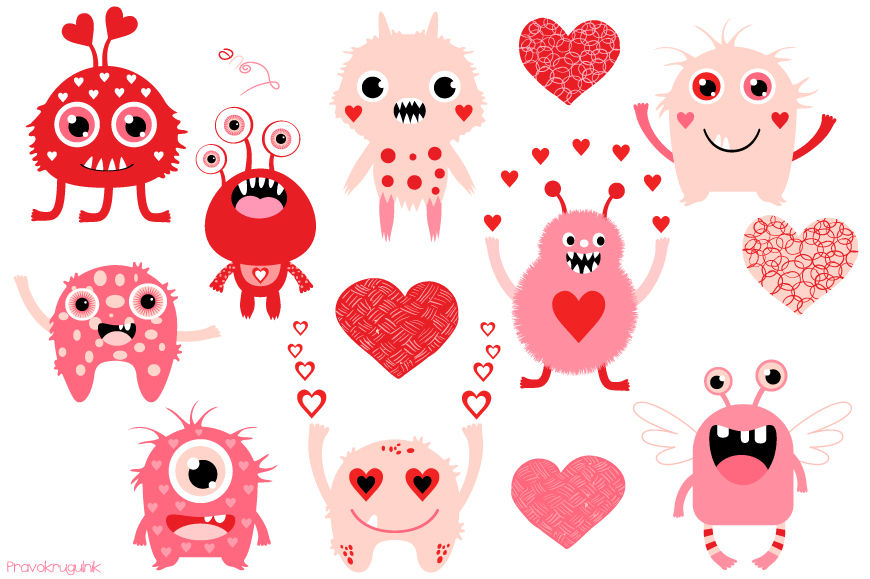 Valentine clipart, Valentine monsters clipart, Cute pink monster