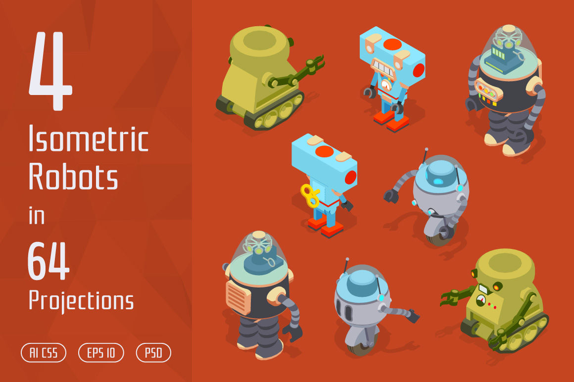 4 Isometric Toy Robots By Graphic Warehouse | TheHungryJPEG.com