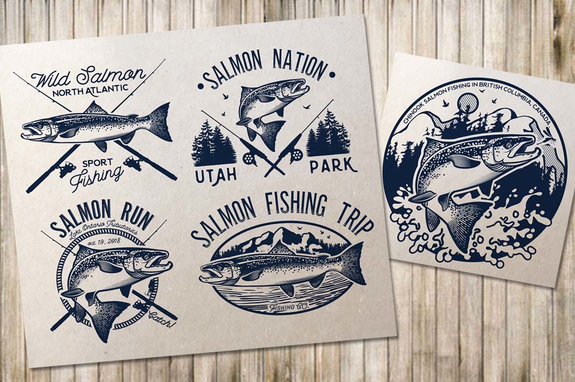 Vintage Salmon Fishing Emblems By Moloko88