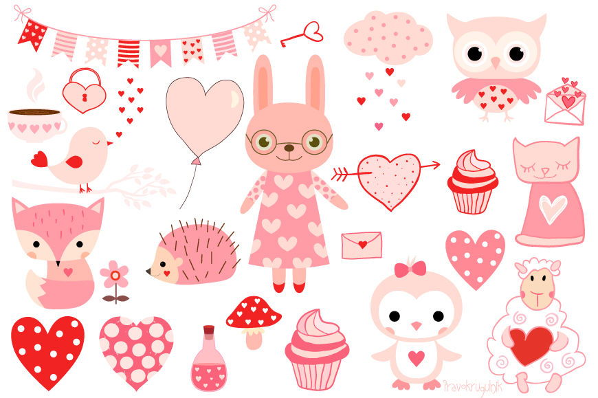 Valentine animals clipart set, Cute pink animal clip art, Love clipart
