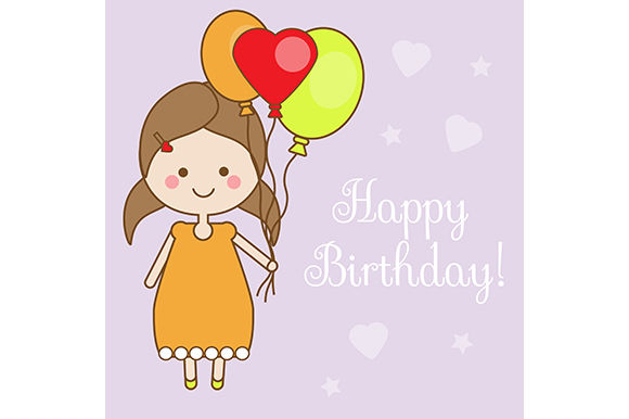 Cute smiling little girl holding balloons. Shappy Birthday greeting ...