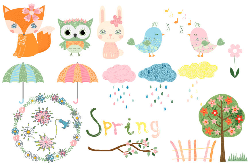 Cute spring clipart set, Animal character clip art, fox ...