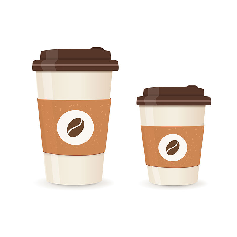 Realistic paper coffee cup set. Large and small sizes. Coffee take away.  Vector illustration. By Di Bronzino