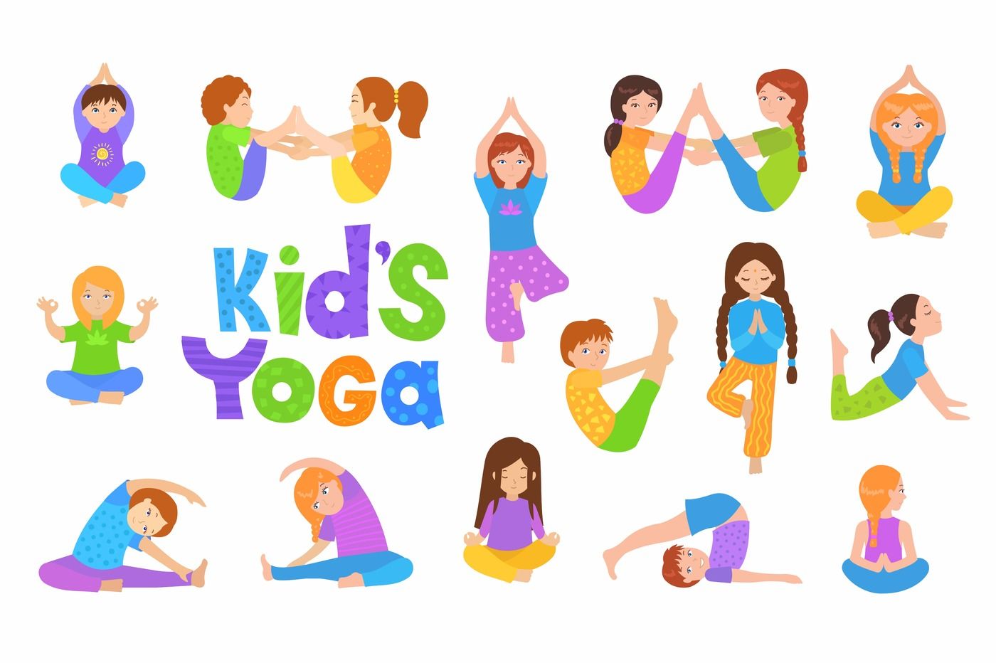 Kids Yoga Poses Vector PNG Images, Kids Yoga Set With Cute Cartoon