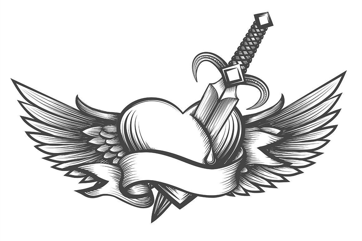 Winged heart pierced by dagger drawn in tattoo style By Olena1983 |  TheHungryJPEG