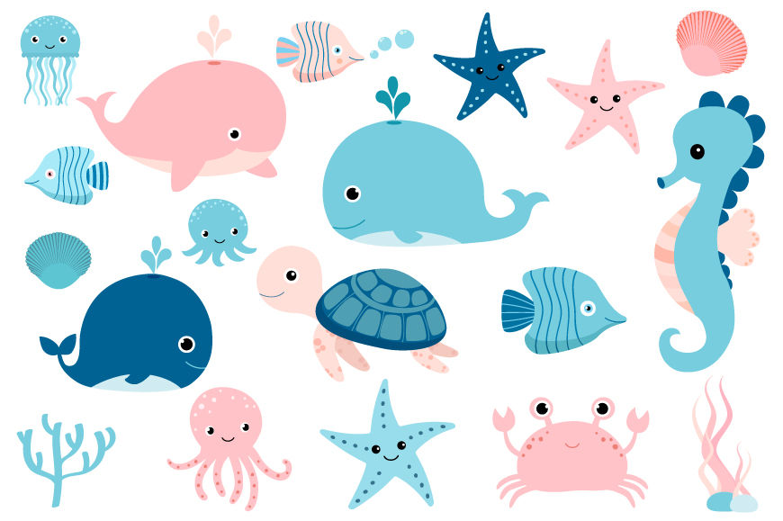 Cute sea animals clipart, Kawaii under sea clip art, seahorse whale turtle  octopus jellyfish pink crab fish By Pravokrugulnik | TheHungryJPEG