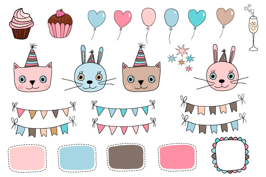 Happy Birthday Clipart Set Cute Cat Bunny Clip Art Bunting Cupcake