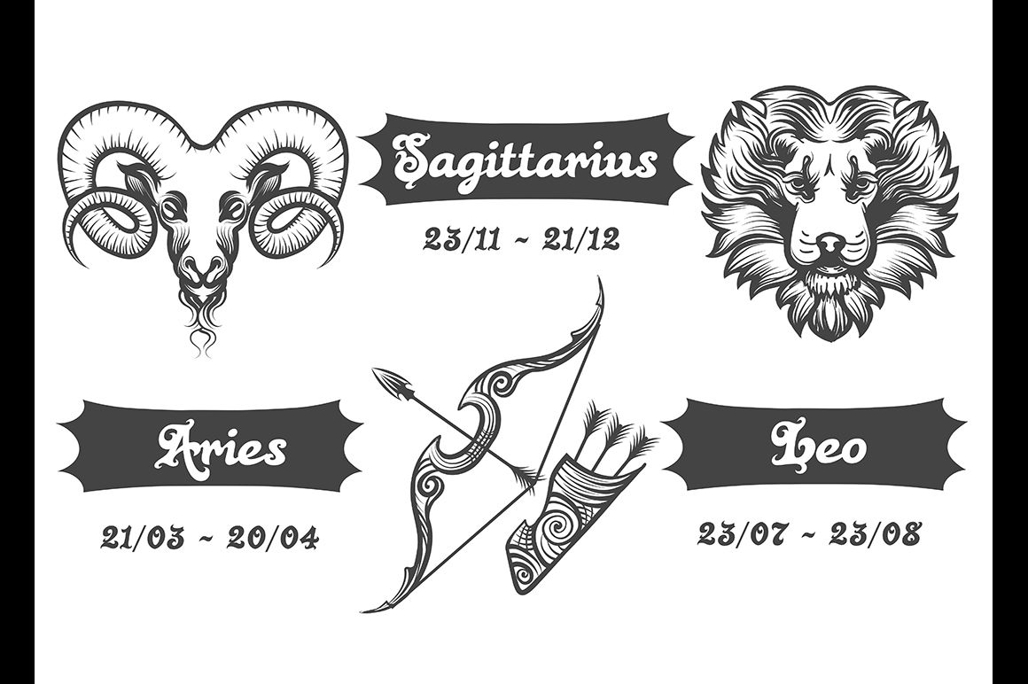 Zodiac signs of Aries Sagittarius and Leo By Olena1983 | TheHungryJPEG