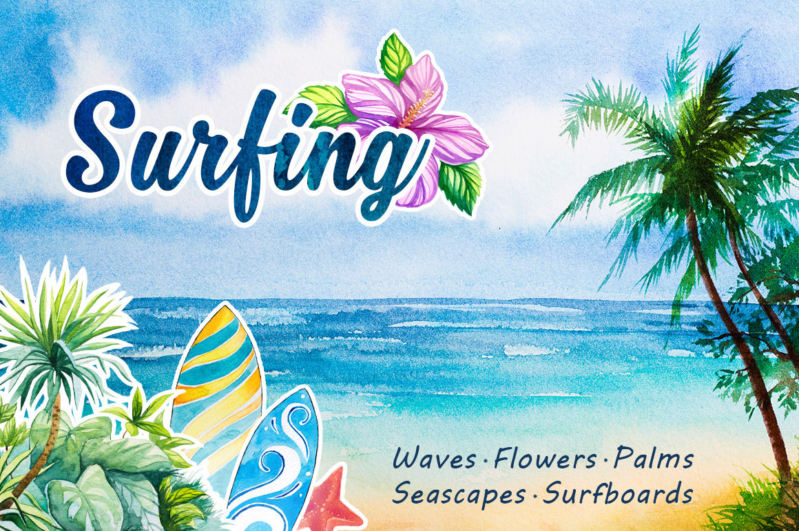Surfing. Watercolor set. By Alex Green | TheHungryJPEG