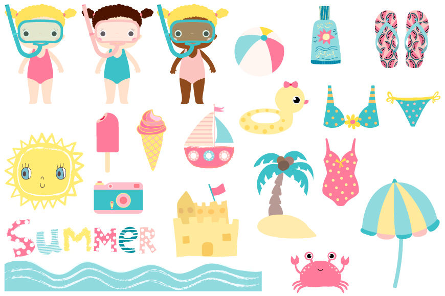 Cute summer clipart, Kids beach holiday set, snorkel girl ...