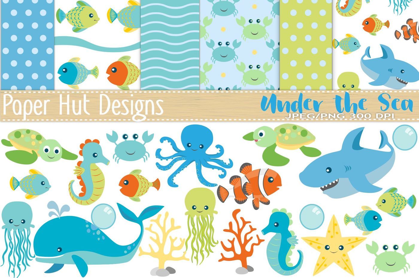 Sea Animal Clipart and Digital Paper Set By PaperHutDesigns | TheHungryJPEG