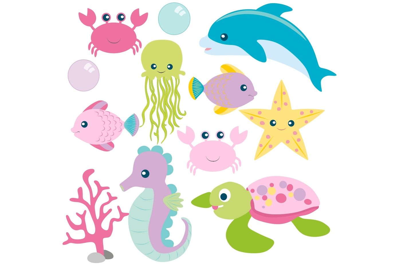 Girls Sea Animals Clipart and Digital Paper Set By PaperHutDesigns |  TheHungryJPEG