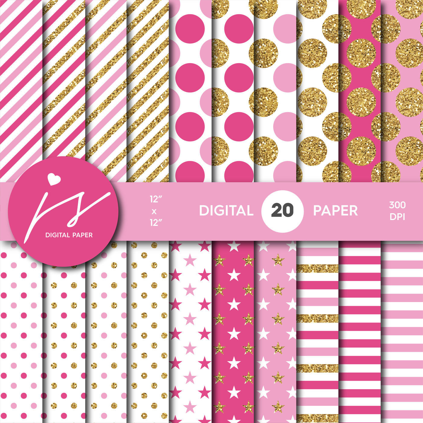 Pink Digital Paper: Pink and Gold With Pink 