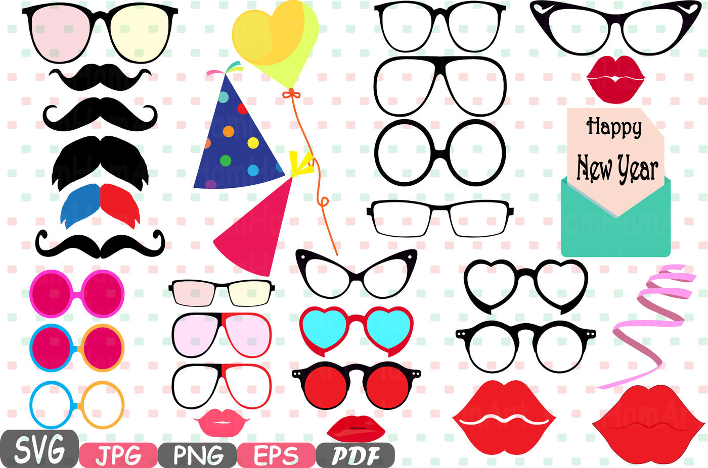 Party Photo Booth Prop Emoji Prop Silhouette Happy New Year Cameo Svg Stickers Clipart Face Clip Art Digital Graphics Commercial Use 4p By Hamhamart Thehungryjpeg Com