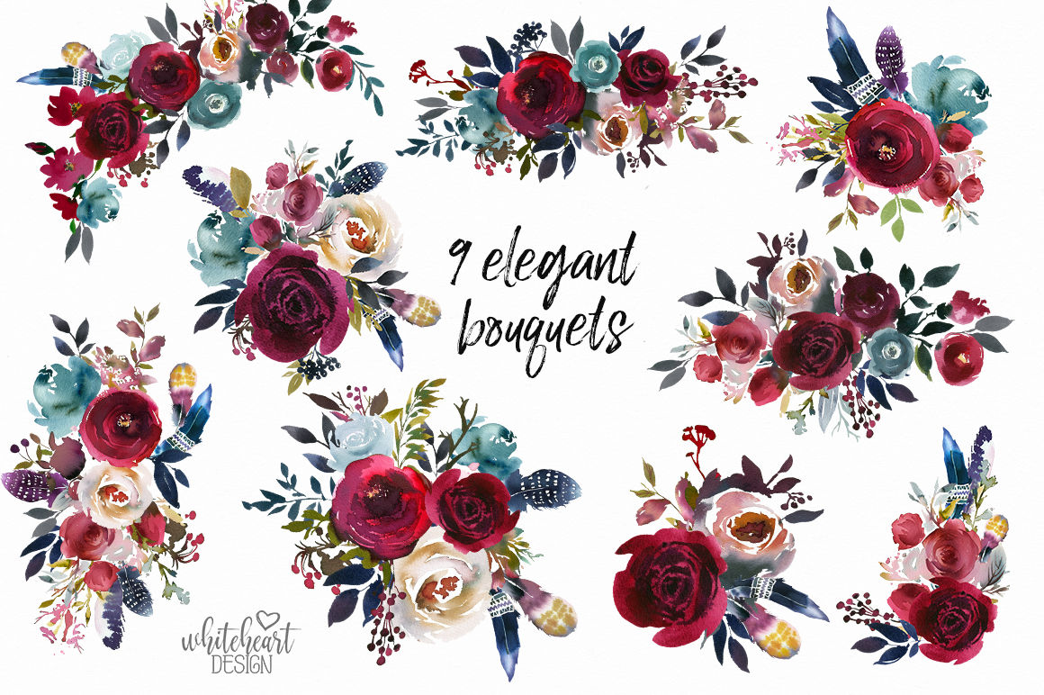 Download Merlot Navy Watercolor Floral Design Kit By Whiteheartdesign Thehungryjpeg Com