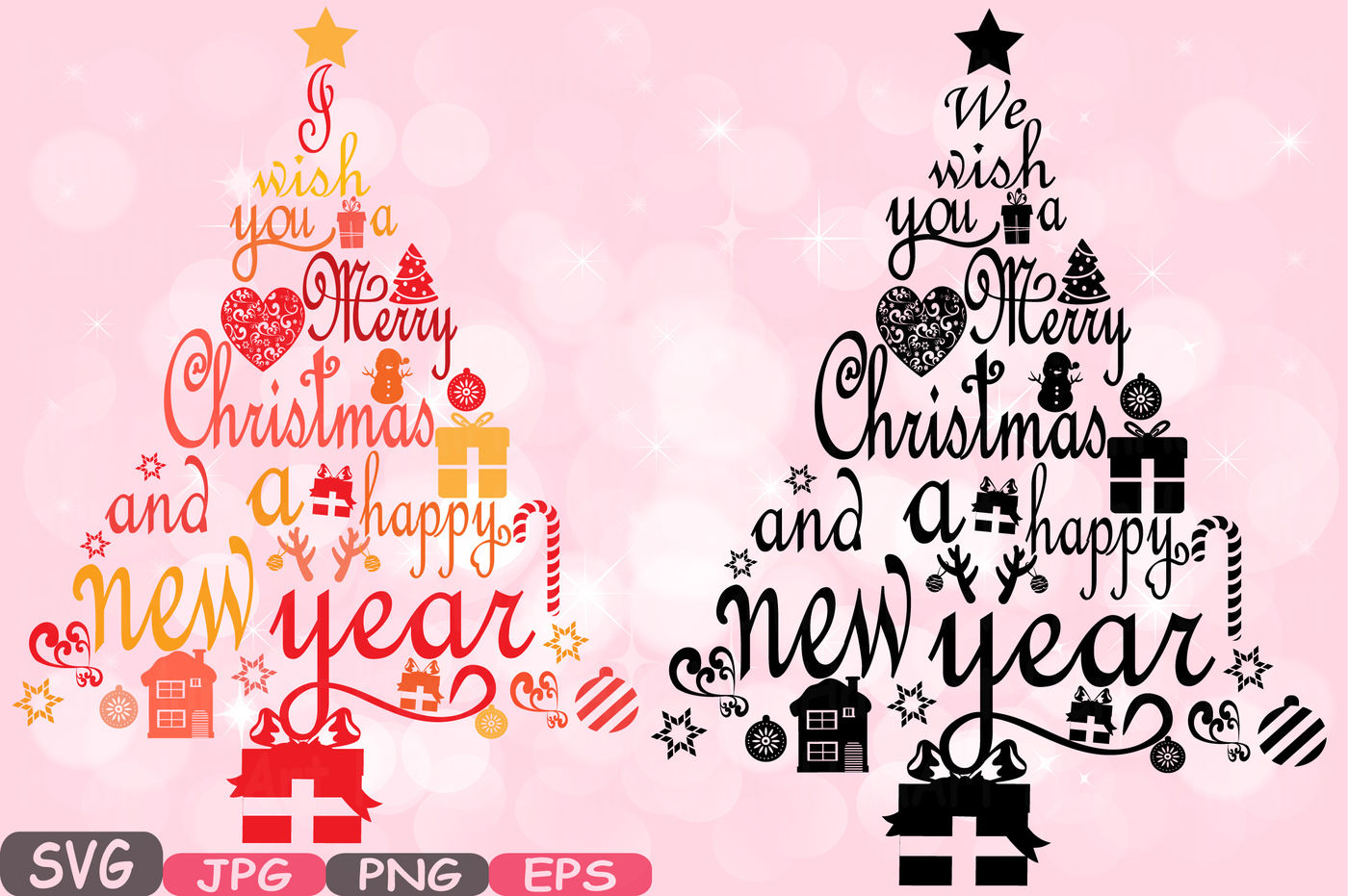 Christmas trees We Wish You a Merry Christmas & Happy new Year Word Art