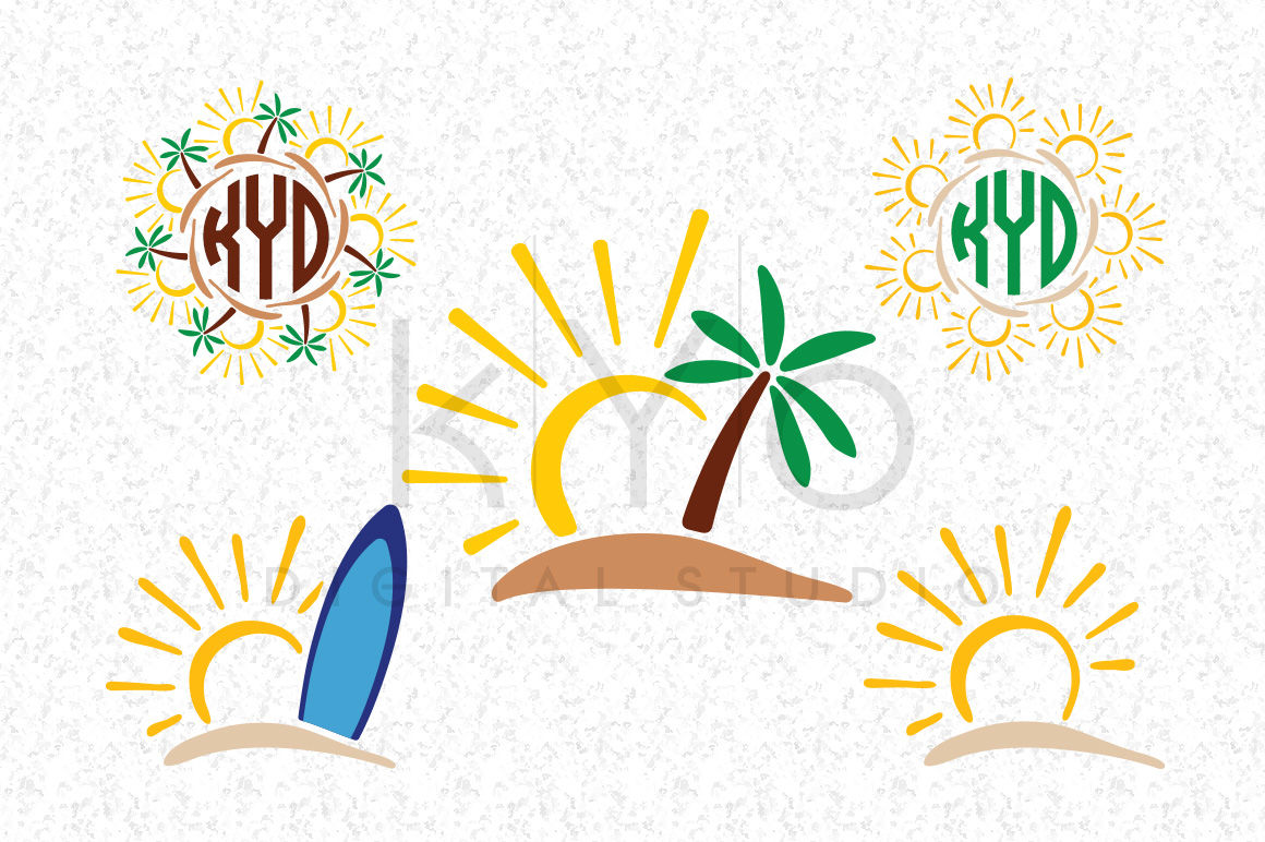 Sun Tropical Island Surf Palm Tree Summer Monogram Svg Files By Kyo Digital Studio Thehungryjpeg Com