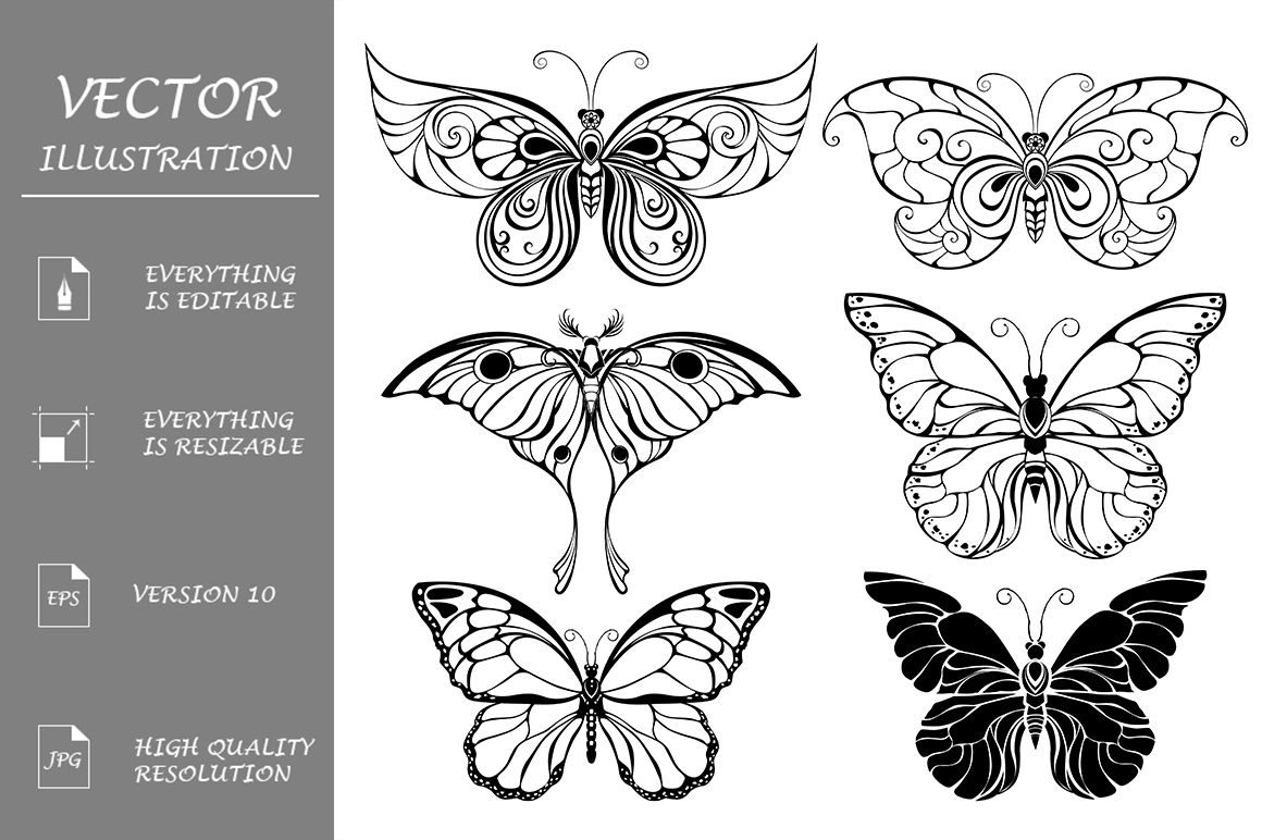Set of Art Butterflies By blackmoon9 | TheHungryJPEG