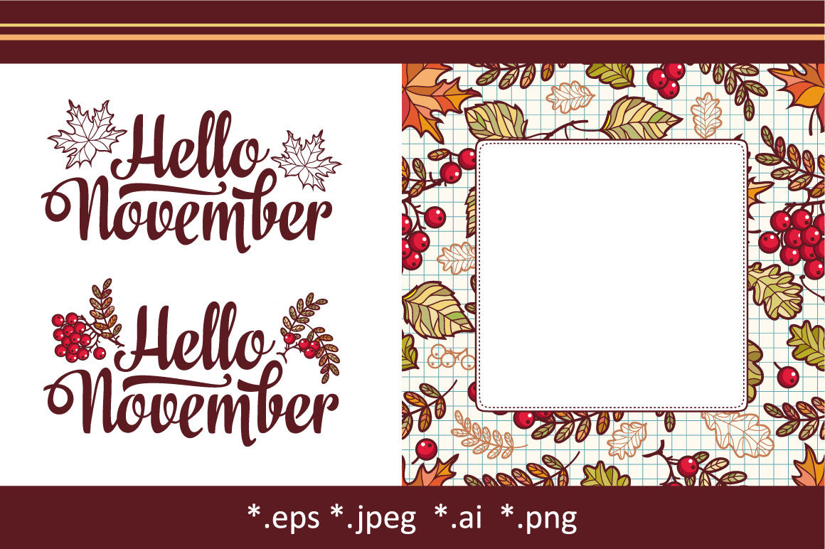 Hello November Autumn Leaves Fall Frame Lettering Phrase By Zoya Miller Thehungryjpeg Com