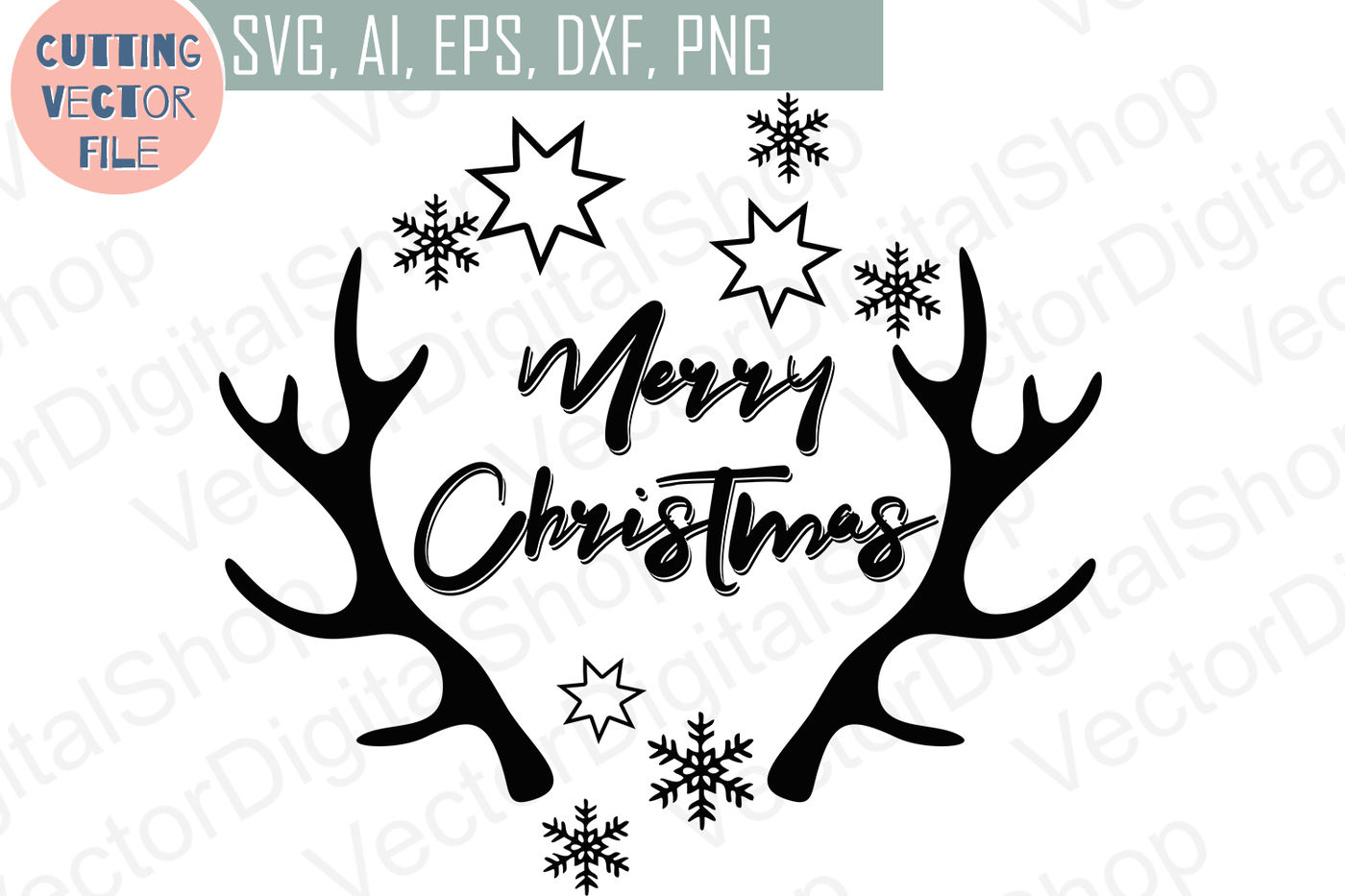 Merry Christmas Antlers Cutting Files Svg Png Jpg Eps Ai Dxf By Dreamer S Designs Thehungryjpeg Com