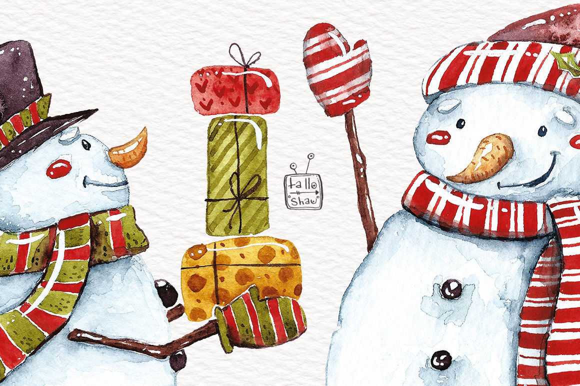 Watercolor Santas and Snowmen By talloshau's illustrations | TheHungryJPEG