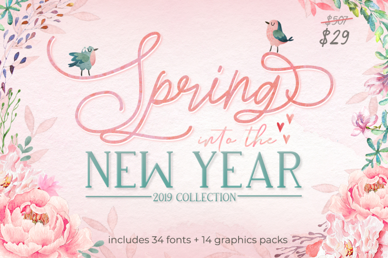 Spring Into The New Year 2019 Collection By Thehungryjpeg Thehungryjpeg Com