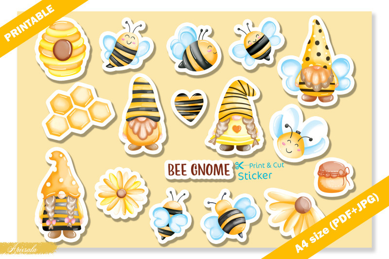 FREE Cute Bee Gnome watercolor Printable Sticker By TheHungryJPEG | TheHungryJPEG for Free Printable Clip Art Images Pdf