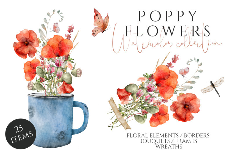 Free Poppy Flowers Watercolor Set Elements By Thehungryjpeg Thehungryjpeg