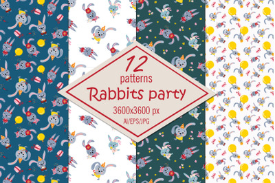 Rabbits party digital paper /seamless patterns