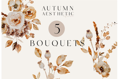Autumn aesthetic - 5 watercolor bouquets, png, clipart