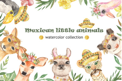 Mexican little animals and plants. Watercolor clipart