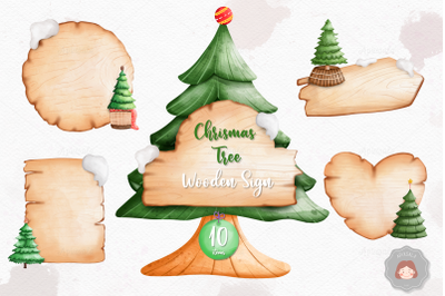 Christmas Tree Wooden Sign Clipart | Watercolor Illustration Bu